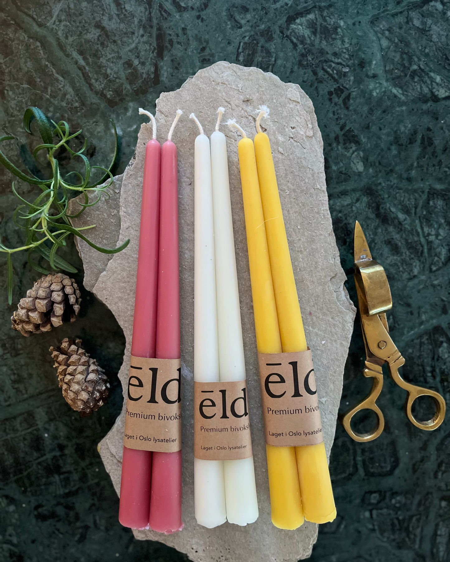 Bivokslys kronelys 24 cm i naturlig honninggul, hvit og rosegull - håndlaget i Oslo