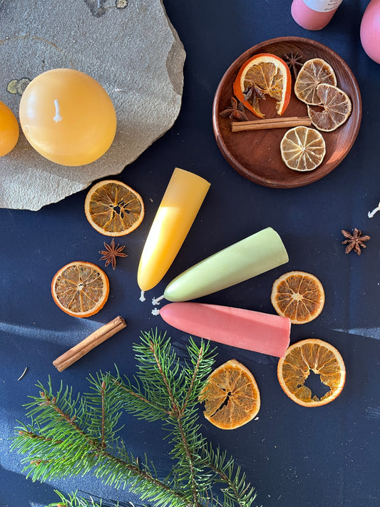 Bivokslys - lyskuppel av ren bivoks i tre vakre farger