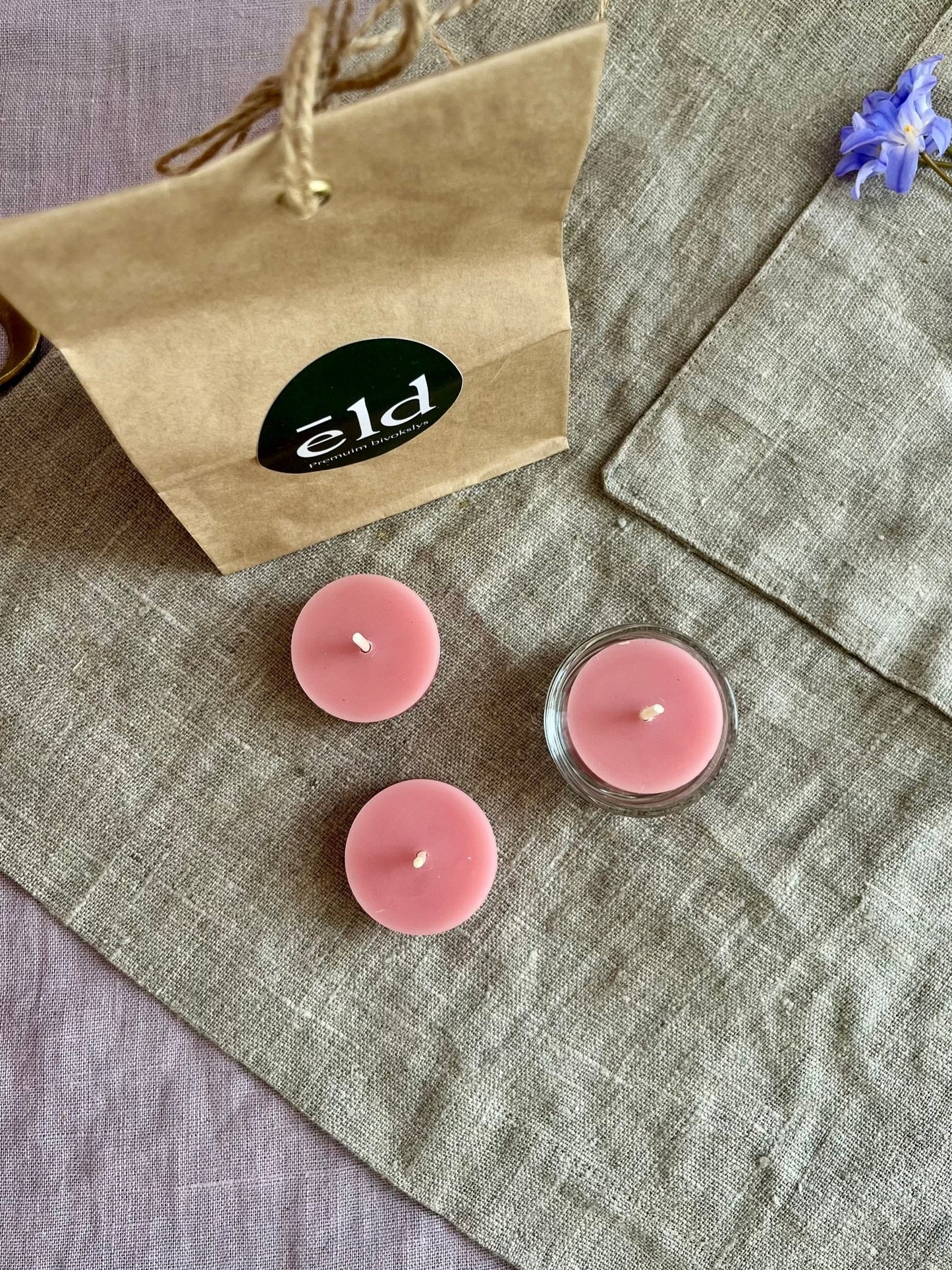 Bivoks telys - gavesett | 3 stk telys og telysholder av glass - eld naturlys